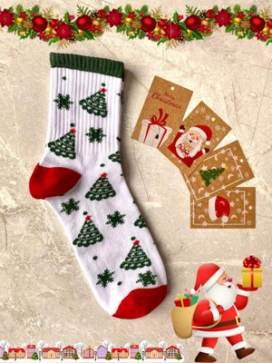 Sky Socks 2'li Yılbaşı Ağaç Noel Baba Christmas Desenli Hediyelik Kartlı Set  Pamuklu Tenis Kolej Çorap