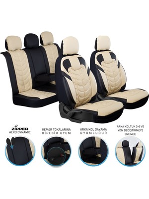 Asya Honda Legend Uyumlu Lüks Deri Oto Koltuk Kılıfı Ön/Arka 5li Set (C Plus) Bej-Siyah