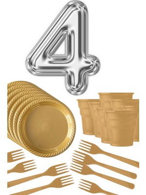 Parti Baskı Gold Tabak - Gold Bardak - Gold Çatal Gümüş Folyo Balon Rakam 4 Yaş