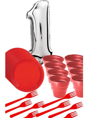 Parti Baskı 8 Tabak 8 Bardak 8 Çatal ( Kırmızı ) Rakam Folyo Balon 1 Yaş ( Gümüş Gri )