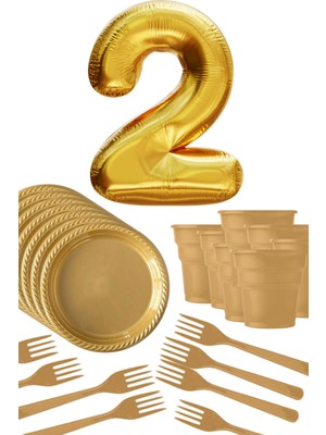 Parti Baskı Gold Tabak - Gold Bardak - Gold Çatal Gold Rakam Folyo Balon 2 Yaş Altın Sarısı