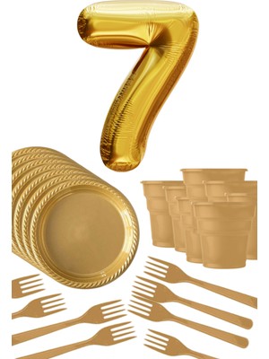 Parti Baskı Gold Tabak - Gold Bardak - Gold Çatal Gold Rakam Folyo Balon 7 Yaş Altın Sarısı
