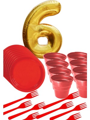 Parti Baskı 8 Tabak 8 Bardak 8 Çatal ( Kırmızı ) Rakam Folyo Balon 6 Yaş ( Gold Altın Sarısı )