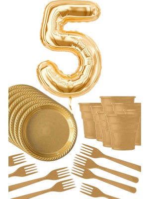 Parti Baskı Gold Tabak - Gold Bardak - Gold Çatal Gold Rakam Folyo Balon 5 Yaş Altın Sarısı