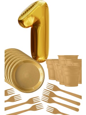 Parti Baskı Gold Tabak - Gold Bardak - Gold Çatal Gold Rakam Folyo Balon 1 Yaş Altın Sarısı