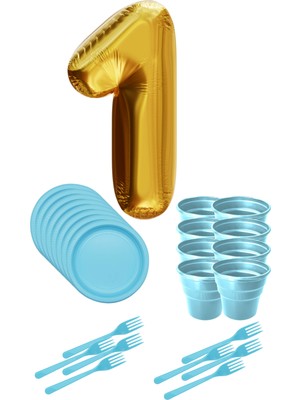 Parti Baskı 8 Tabak 8 Bardak 8 Çatal ( Mavi ) Rakam Folyo Balon 1 Yaş ( Gold )