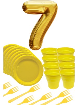 Parti Baskı Sarı Tabak - Sarı Bardak - Sarı Çatal Gold Folyo Balon Rakam 7 Yaş