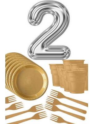 Parti Baskı Gold Tabak - Gold Bardak - Gold Çatal Gümüş Folyo Balon Rakam 2 Yaş