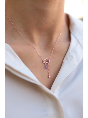 Sunshine 925 Ayar Rose Kaplamalı Mor Taşlı Bulut Gümüş Kolye