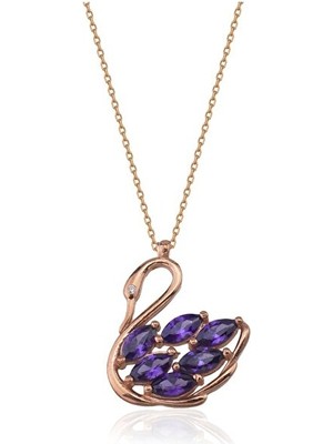 Sunshine 925 Ayar Rose Kaplamalı Mor Taşlı Kuğu Gümüş Kolye