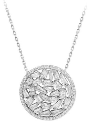 Sunshine 925 Ayar Rodyum Kaplamalı Beyaz Baget Taşlı Kenarları Beyaz Taşlı Yuvarlak Tasarım Gümüş Kolye