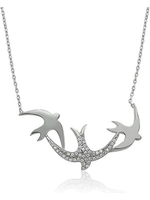 Sunshine 925 Ayar Rodyum Kaplamalı Beyaz Taşlı Kırlangıç Kuş Gümüş Kolye