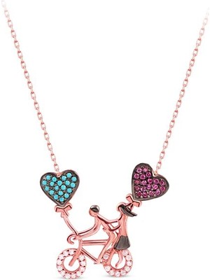 Sunshine 925 Ayar Rose Kaplamalı Zirkon Taşlı Kalpli Bisikletli Sevgili Gümüş Kolye