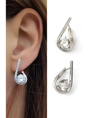Ose Shop  Pırlanta Parlaklığında Zirkon Taşlı 925AYAR Gümüş Italyan Tasarımı Spiral Halka Küpe