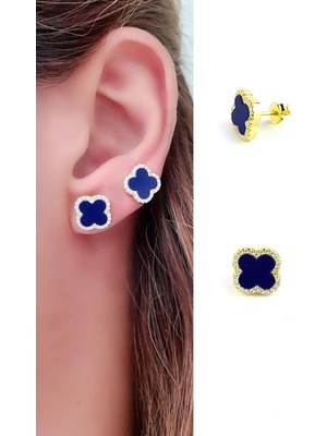 Ose Shop  Lacivert Taşlı Zirkon Taş Detaylı 925AYAR Gümüş Üzerine Altın Kaplama Italyan Tasarımı Yonca Küpe