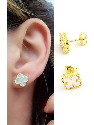 Ose Shop  Sedef Taşlı 925AYAR Gümüş Üzerine Altın Kaplama Yonca Küpe