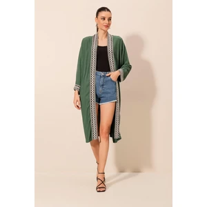 5865 Nakışlı Örme Uzun Kimono - Zümrüt Yeşili