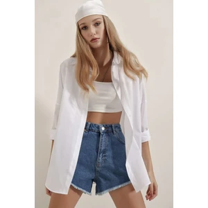 BB Butik Basic Kadın Beyaz Oversize Uzun Basic Gömlek