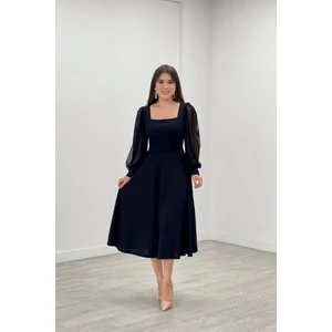 Krep Kumaş Kolları Tül Detaylı Midi Elbise - Siyah