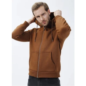 Kapüşonlu Fermuarlı Yaka Regular Kalıp Düz Kahverengi Sweatshirt