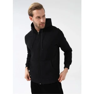 Kapüşonlu Fermuarlı Yaka Regular Kalıp Düz Siyah Sweatshirt
