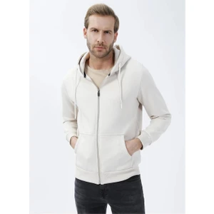 Kapüşonlu Fermuarlı Yaka Regular Kalıp Düz Ekru Sweatshirt
