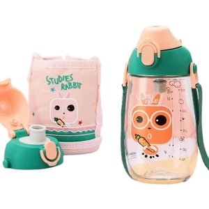 Küçük Boy 480ML Kılıflı Askılı Pipetli/pipetsiz Iki Ayrı Kapaklı Tritan Çocuk Matarası