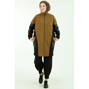 Armine Trend Spor Takım Fermuarlı Cep Detaylı Deri Garnili Tunik ve Pantolonlu Ikili Takım-Fıstık Yeşil 23KT634