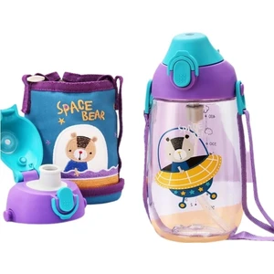 Küçük Boy 480ML Kılıflı Askılı Pipetli/pipetsiz Iki Ayrı Kapaklı Tritan Çocuk Matarası