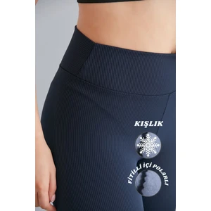 Dream Style Kadın Lacivert Içi Polarlı Lastikli Şardonlu Fitilli Toparlayıcı Interlok Kışlık Örme Tayt