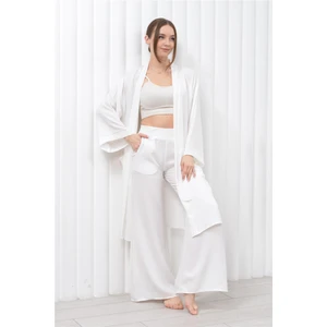 Kadın Keten Cepli Kuşaklı Uzun Kimono-Pantolon İkili Takım Beyaz