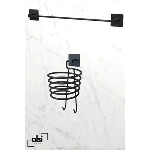 Alsi Home Yapışkanlı Siyah Fön Makinesi Askısı ve Uzun Havlu Askılık Havluluk Pratik 2'li Set