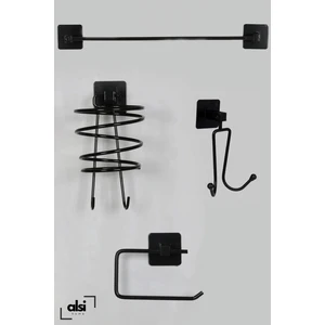 Alsi Home Yapışkanlı 4 Lü Siyah Fön Makinesi Askısı Havlu Askısı Wc Kağıtlık Kancalı Askılık Banyo Set