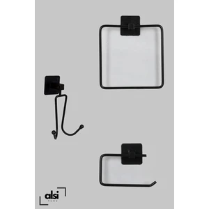 Alsi Home Yapışkanlı Siyah Kare Havluluk Wc Tuvalet Kağıtlık ve 2 Kancalı Askılık Banyo 3'lü Set