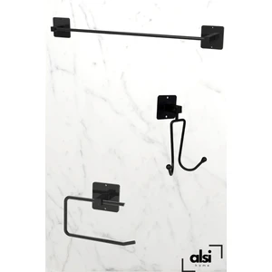 Alsi Home Yapışkanlı Siyah 2 Kancalı Askılık Uzun Havlu Askısı Wc Tuvalet Kağıtlık Banyo Set 3 Lü