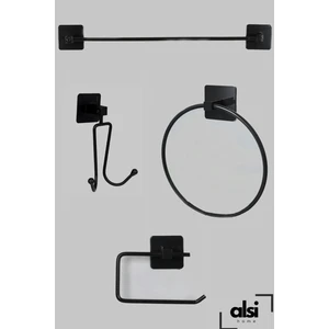 Alsi Home Yapışkanlı 4 Lü Siyah Uzun Havluluk Kancalı Askılık Wc Tuvalet Kağıtlık Yuvarlak Havluluk Banyo Set