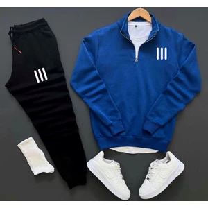 Bs Jeans Unisex Yeni Sezon Üç Çizgi Baskılı Yarım Fermuarlı Sweatshirt-Eşofman Altı 2'li Set Kombin