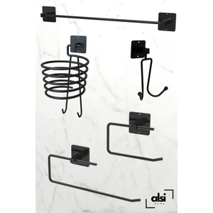 Alsi Home Yapışkanlı 5 Li Siyah Uzun Havlu Fön Askısı Wc Kağıtlık Rulo Havluluk Askı Banyo Mutfak Seti