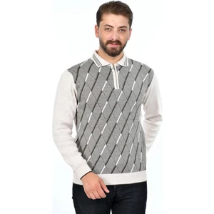 Erkek Çelik Örgü Ekose Desenli Gömlek Yaka Fermuarlı Polo Yakalı Tüylenmez Triko Kışlık Baba Kazak