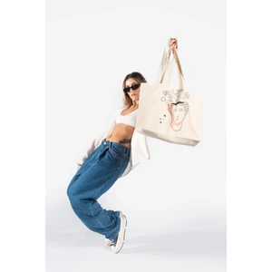 The Lycos Kadın Floral Bust Desenli %100 Pamuklu Orta Boy Canvas Tote Omuz ve Plaj Çantası