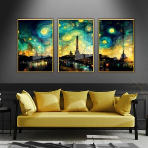 3'lü Metal Çerçeveli Cam Tablo Seti Van Gogh Yıldızlı Gece