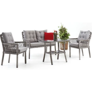 Divona Home Pure Rattan Bahçe Oturma Grubu(2+1+1+M) Dekoratif Bahçe Takımı - Gri