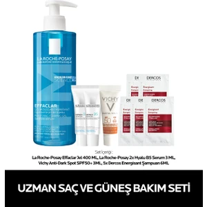 Uzman Saç ve Güneş Bakım Seti: Effaclar Jel 400 ml&Hyalu B5 Serum&Vichy Güneş Kremi& Dercos Şampuan