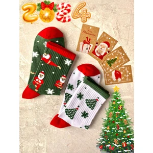 Sky Socks 2'li Yılbaşı Ağaç Noel Baba Christmas Desenli Hediyelik Kartlı Set  Pamuklu Tenis Kolej Çorap