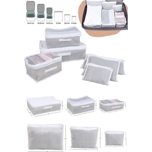 6'lı Valiz Bavul Düzenleyici Seyahat Çantası Organizer Hurç Set Fermuarlı Gri Çizgi Fileli