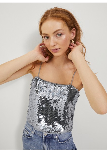 Payetli Gümüş Kadın Büstiyer Jxava Sequın Strap Crop Top Wvn modelleri
