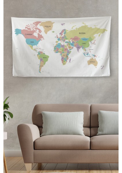 Duvar Örtüsü / Halısı Kanvas Kumaş Pastel Dünya Haritası - 3957