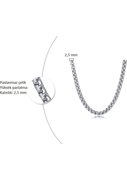 Kare Zincir 2,5mm Unisex 316L Paslanmaz & Kararmaz Yüksek Parlatma Çelik Kolye - Ince Kalınlık modelleri