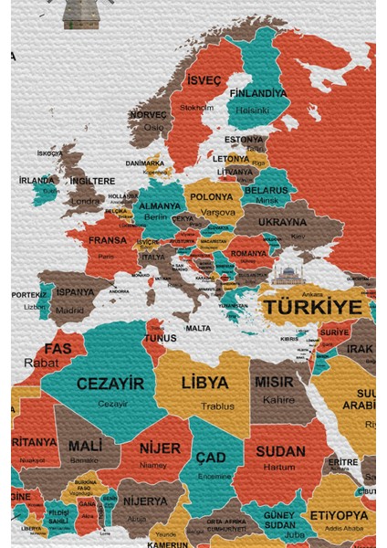 Duvar Örtüsü Bayrak Detaylı Türkçe Güncel Dünya Haritası Kanvas Duvar Halısı - 4048