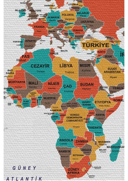 Duvar Örtüsü Bayrak Detaylı Türkçe Güncel Dünya Haritası Kanvas Duvar Halısı - 4048